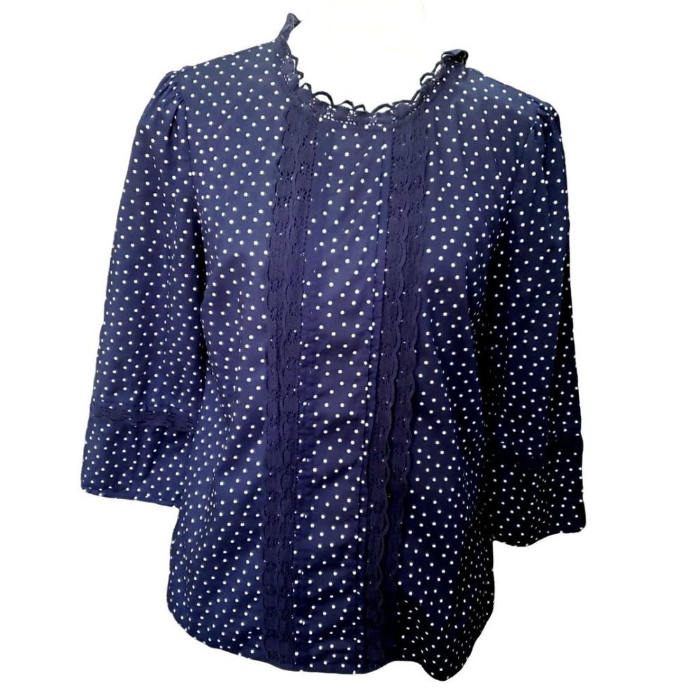 BODEN Women's Size 6 White Navy Polka Dot The Classic Shirt Top Lace Detail